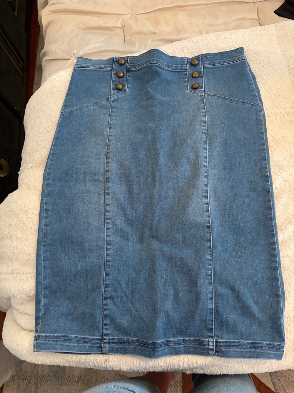 New York & Company Medium Blue Denim Pencil Skirt with Button Waist